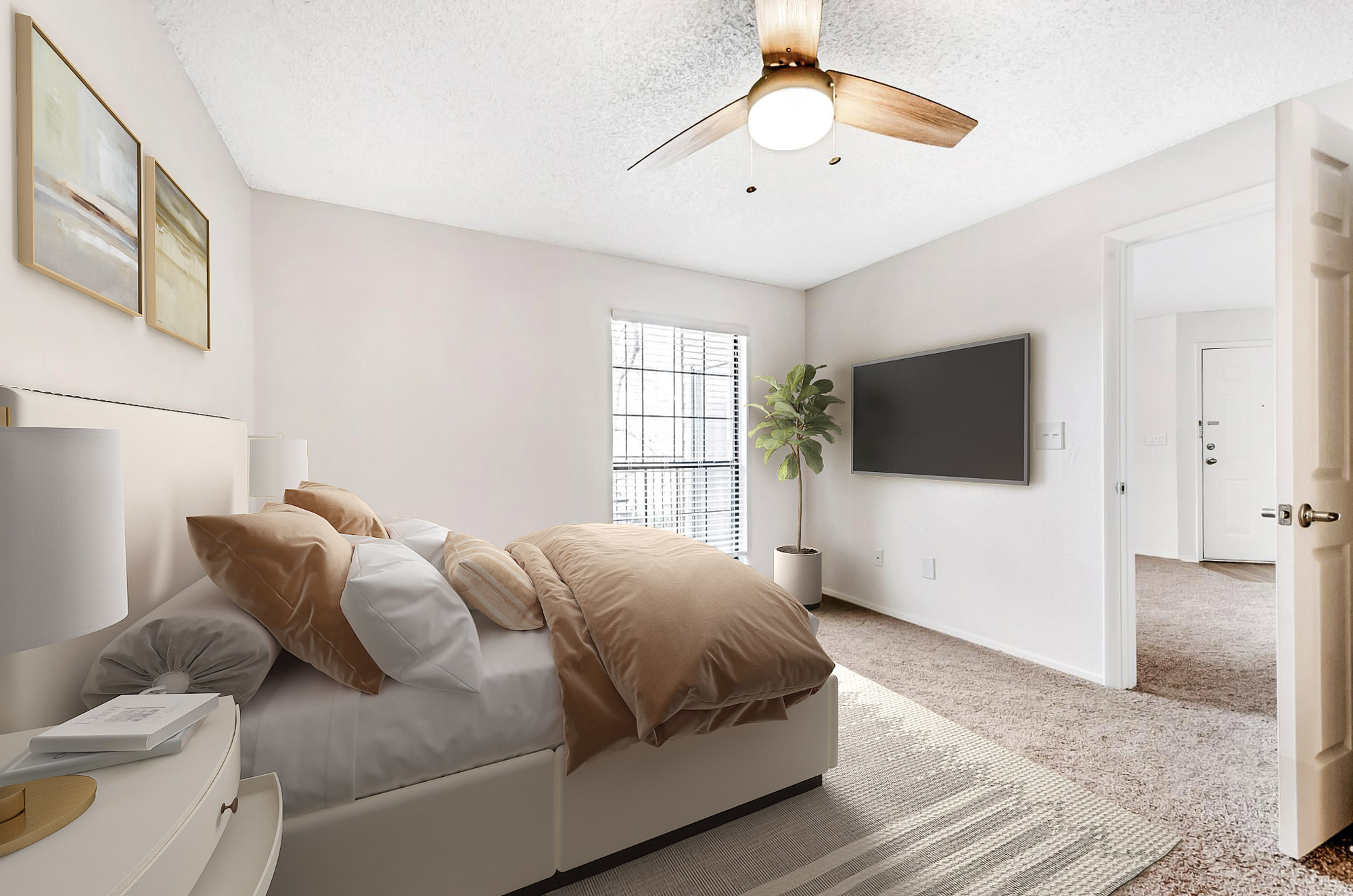 A bedroom at Canyon Chase apartments in Westminster, CO.