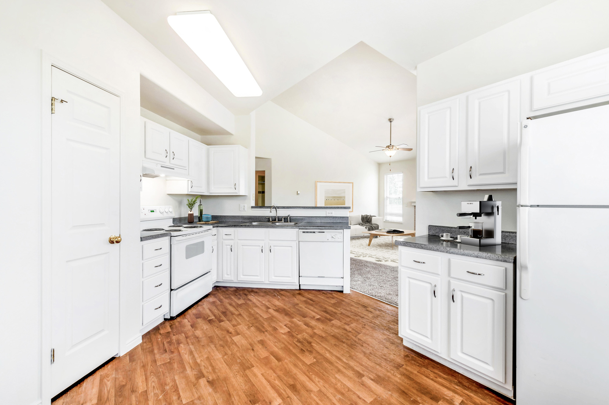 A kitchen at Eagle Ridge apartments in Denver, CO.