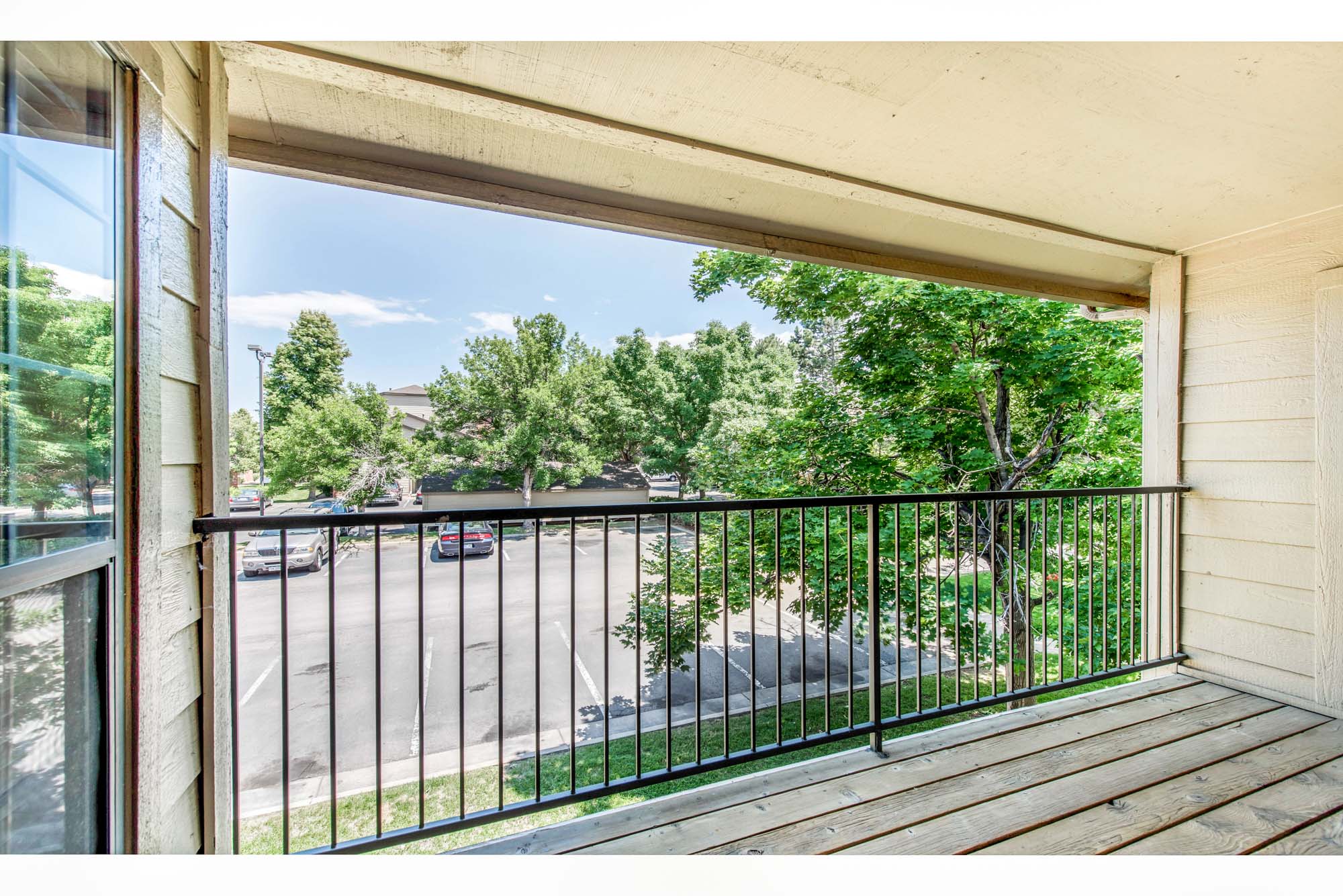 A balcony at Canyon Chase apartments in Westminster, CO.