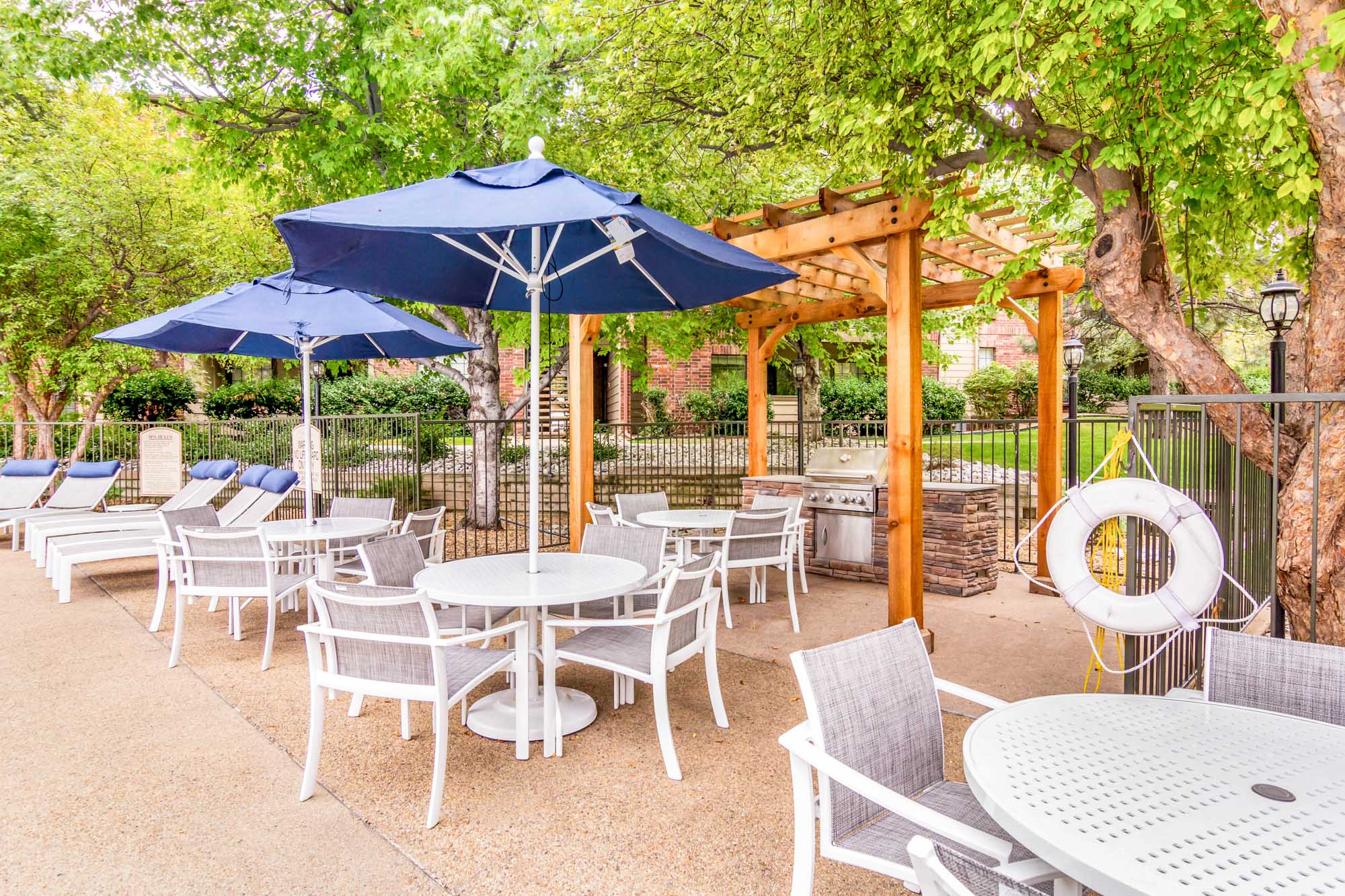 The outdoor terrace at Canyon Chase apartments in Westminster, CO.