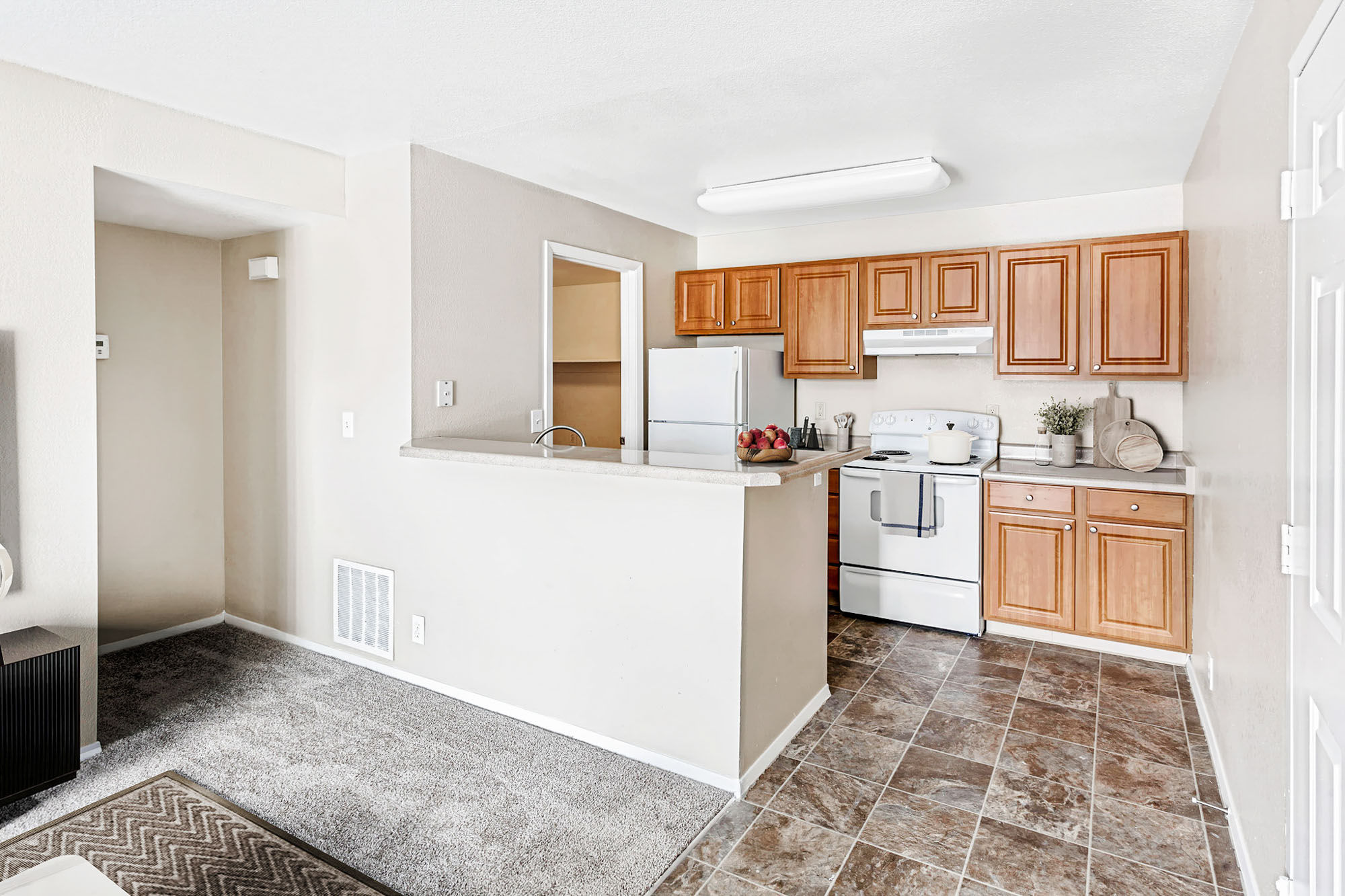 A kitchen in an apartment at James Pointe in Murray, Utah.
