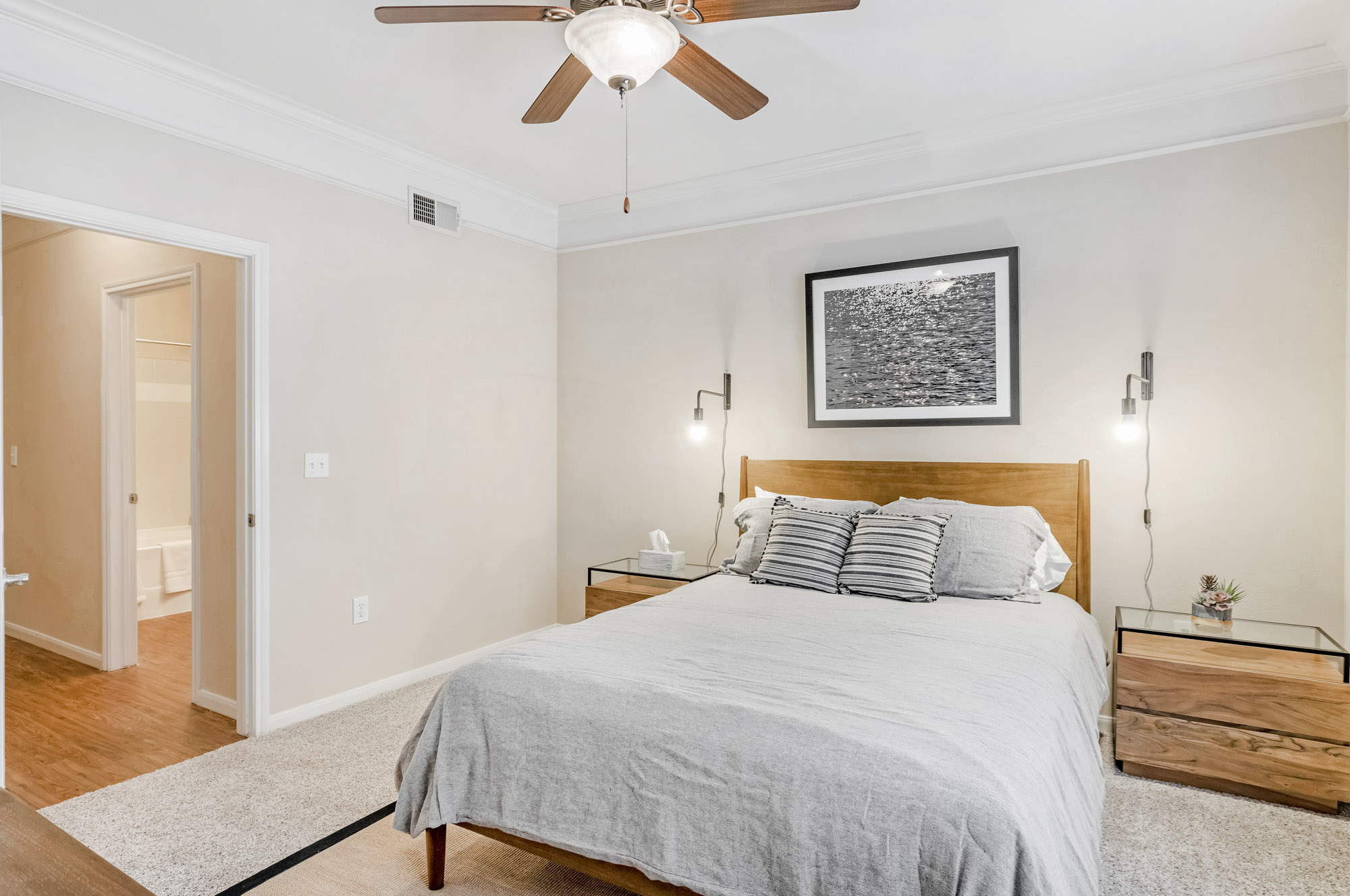 A bedroom at The Villas at Shadow Creek apartments in Houston, TX.