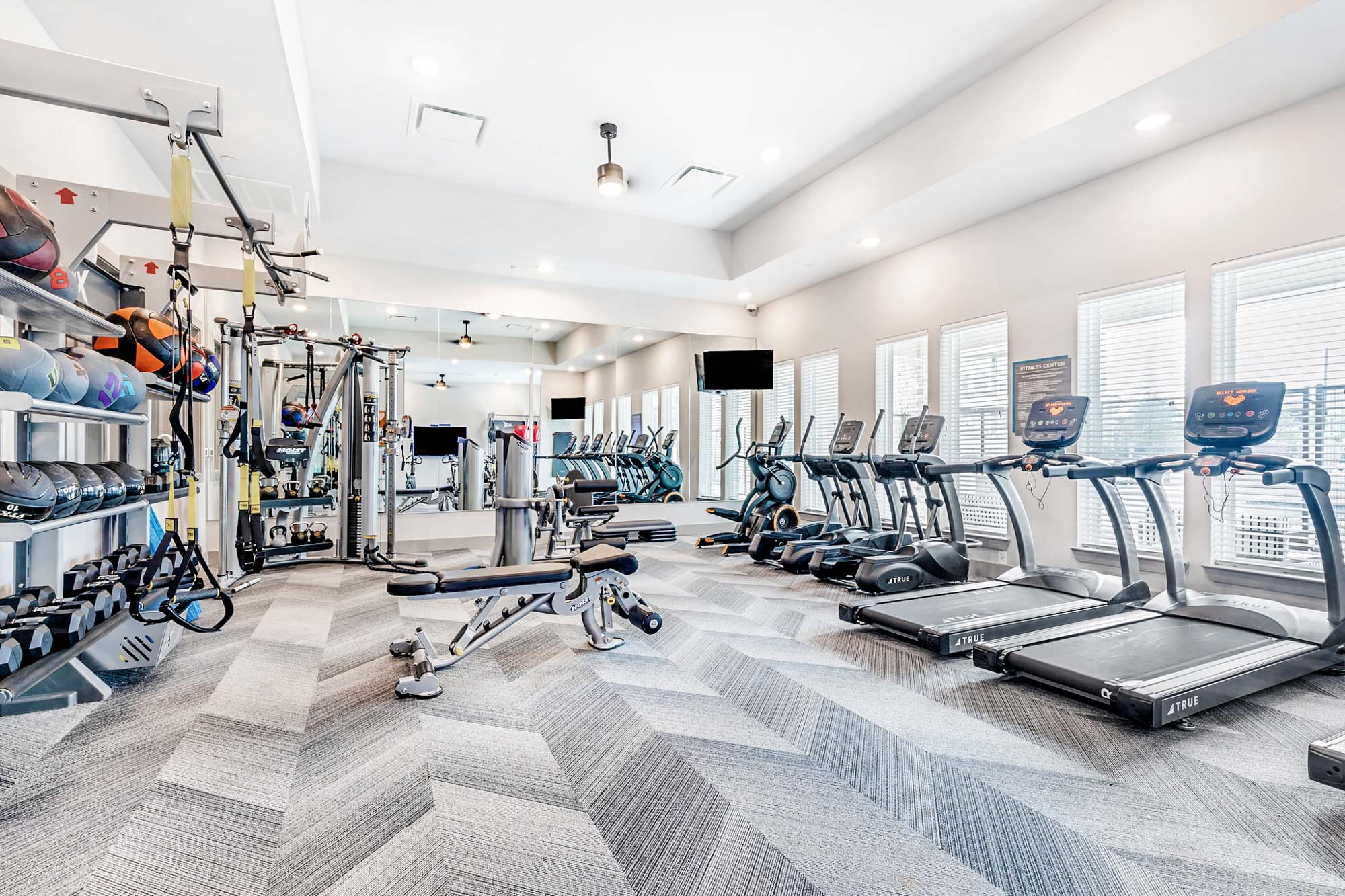 The fitness center at Embree Hill apartments in Dallas, TX.