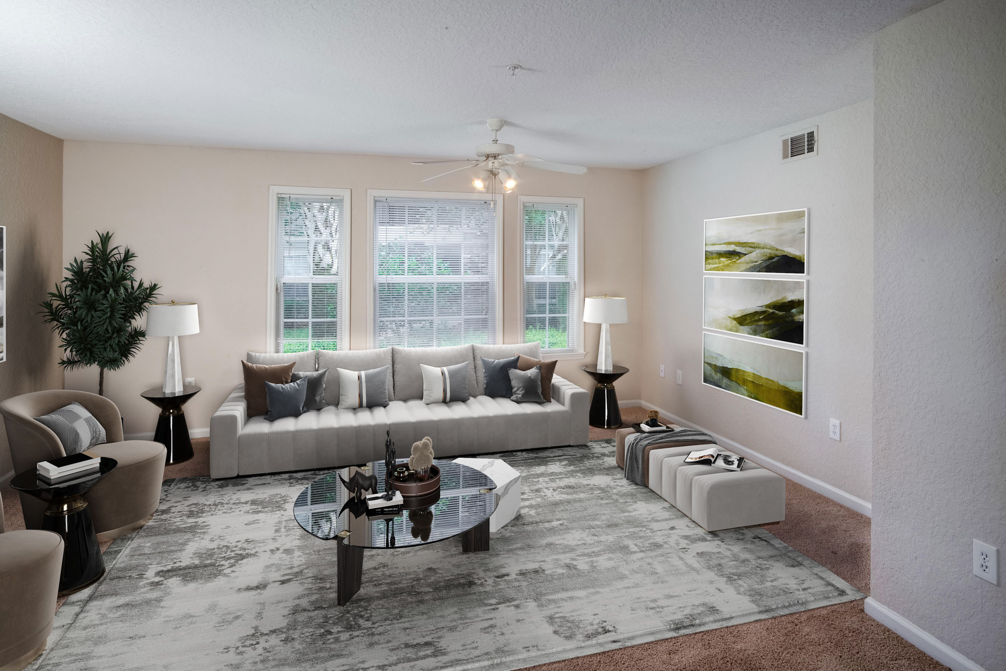 The living area in an apartment at Osprey Links at Hunter's Creek in Orlando, Florida.