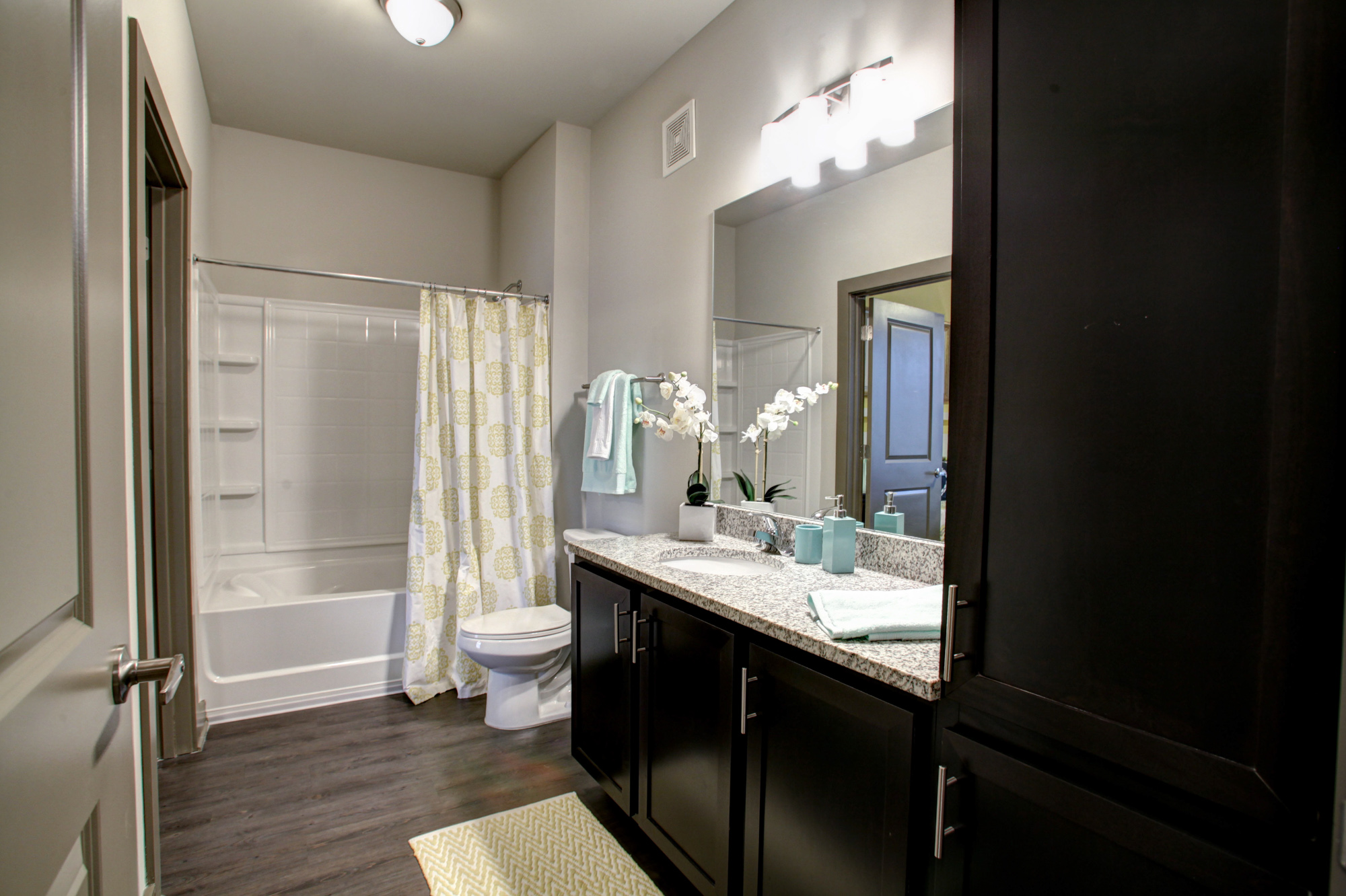 Hardwood floors meet a large bathroom with ample storage at Park 9 apartments in Woodstock, GA.