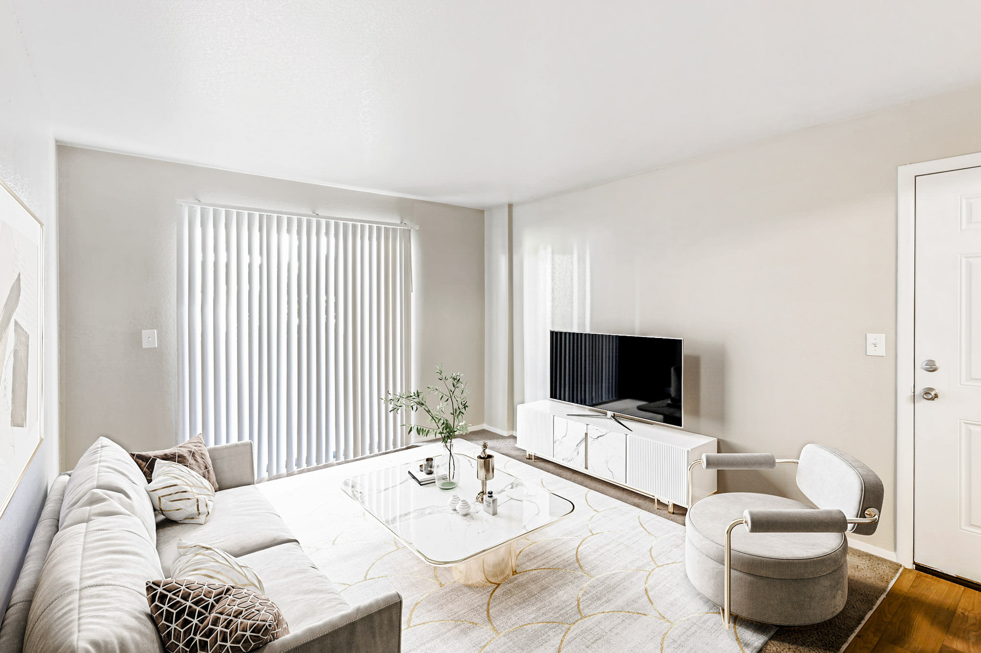 A living area in an apartment at James Pointe in Murray, Utah.